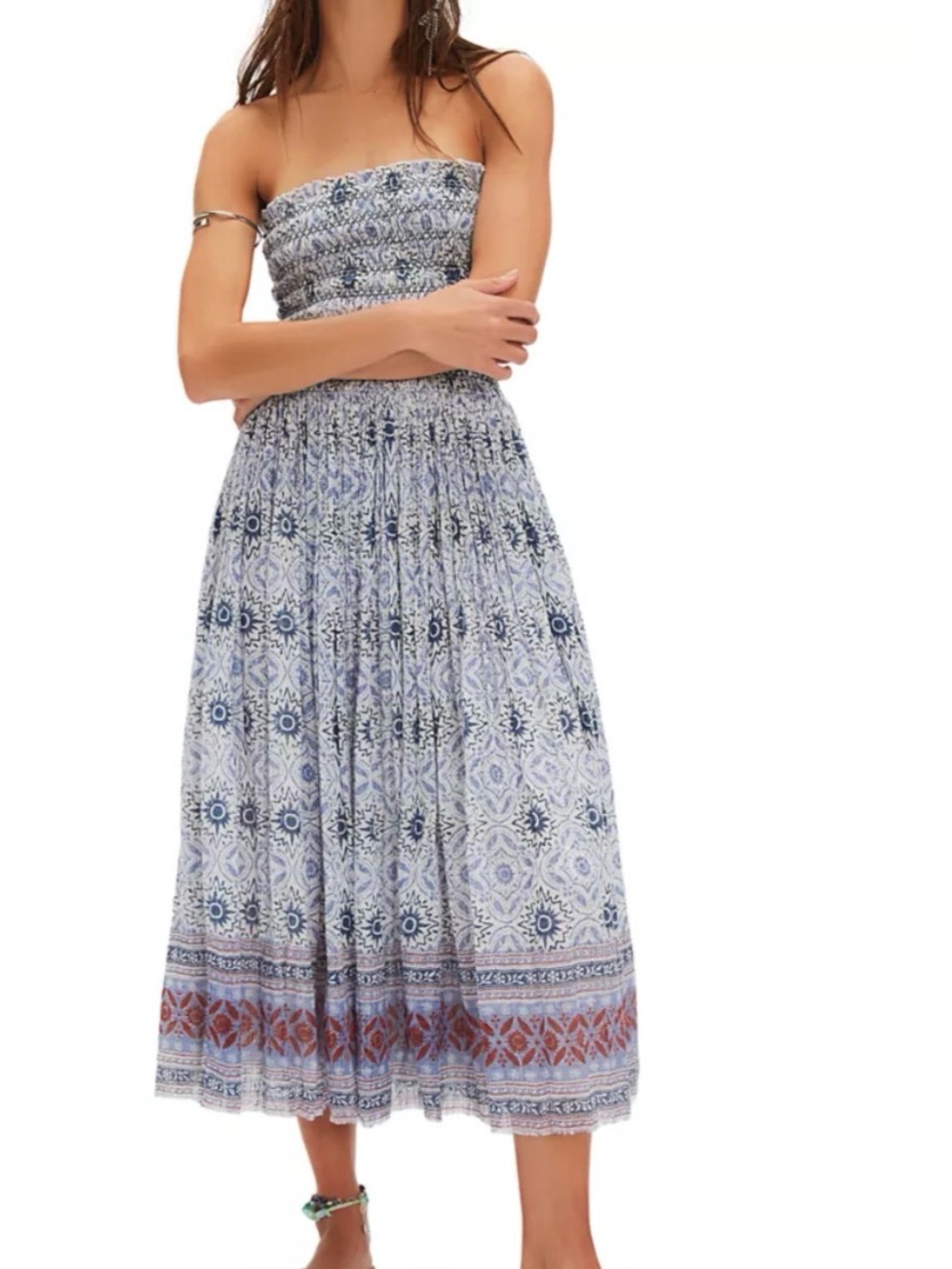 Free People Strapless Blue & Rust Printed Midi Dress